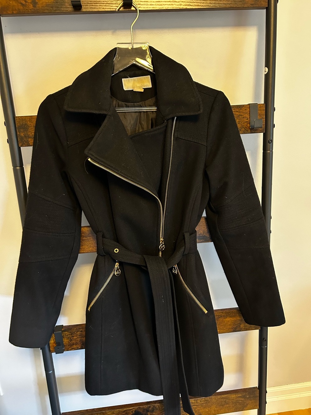 Michael KORS Black wool blend coat with gold zippers size small